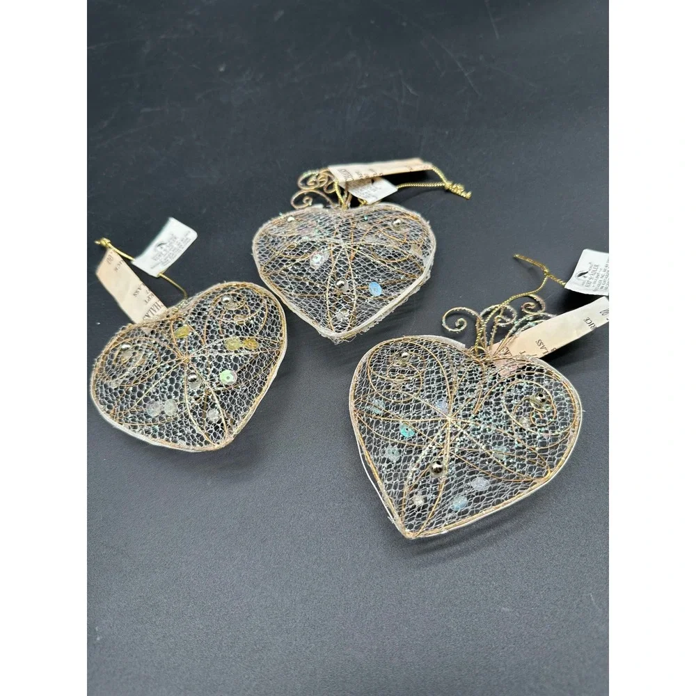 Vintage Gold Wire Mesh Heart Christmas Ornaments Kurt Adler Sequin NEW With Tags